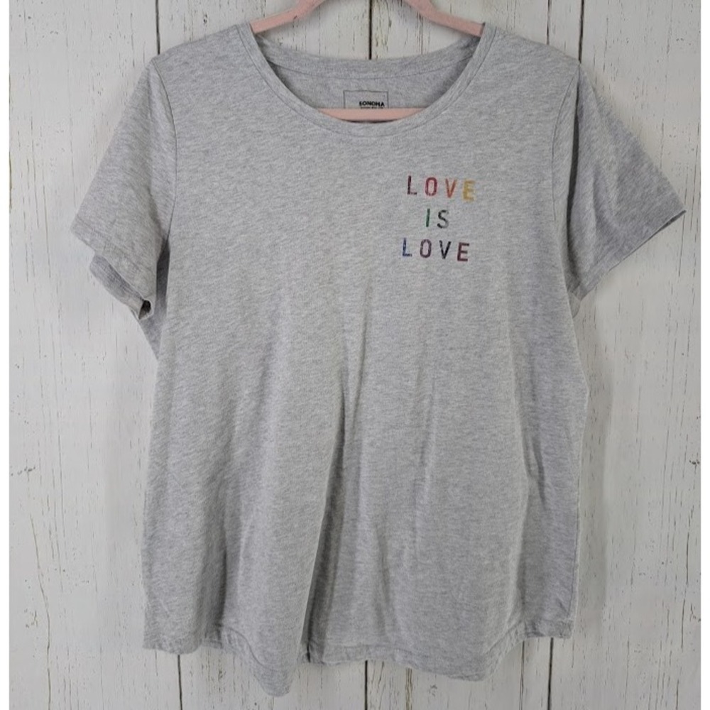 Sonoma‎ Size Large Gray Cotton LOVE IS LOVE Womens Short Sleeve Casual Top